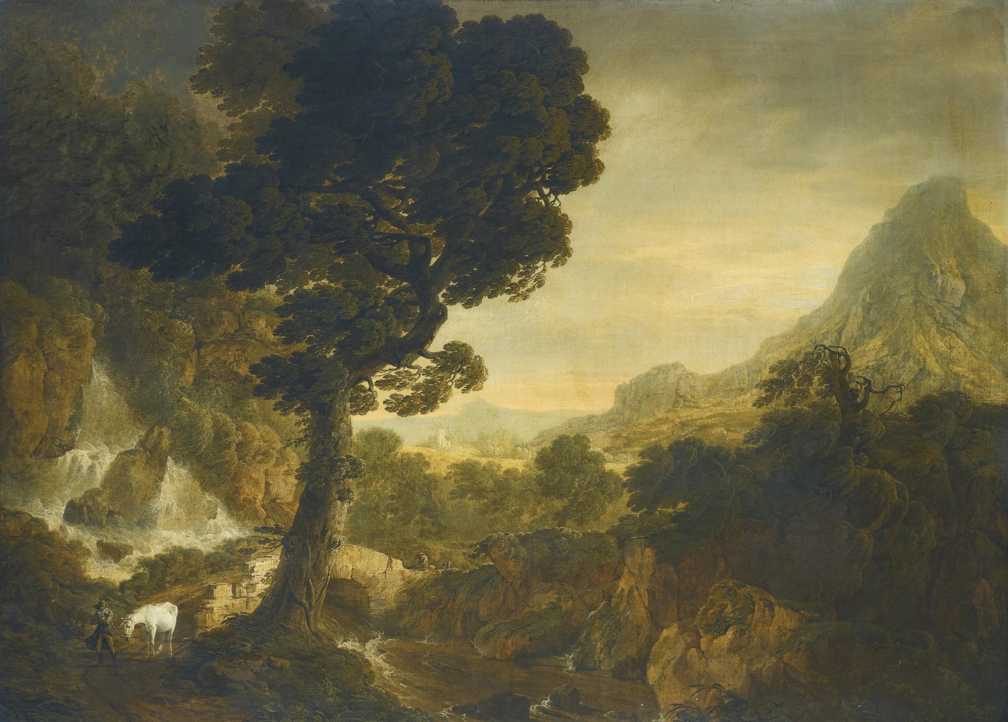 Thomas Roberts -  A Landstorm; A Mountainous Landscape With Travellers On A Bridge