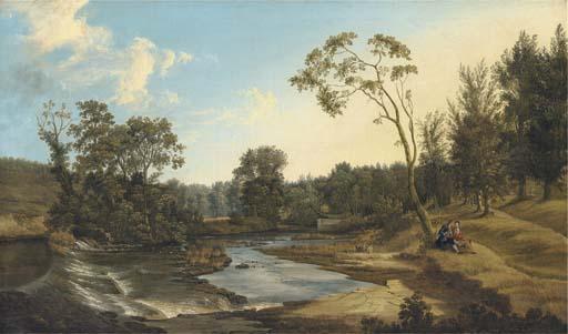 Thomas Roberts - A view of the weir in Lucan House Demesne, Co. Dublin, with an elegant couple seated under a tree in foreground