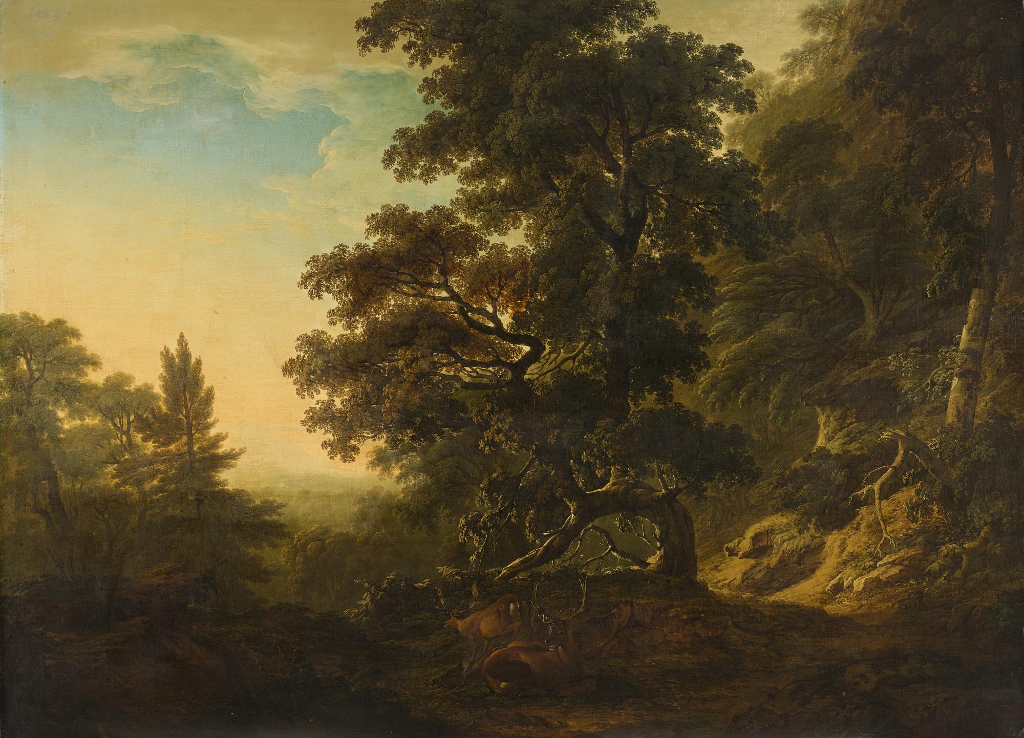 Thomas Roberts - A Wooded Landscape In Powerscourt Demesne, With A Brace Of Fallow Bucks And A Doe
