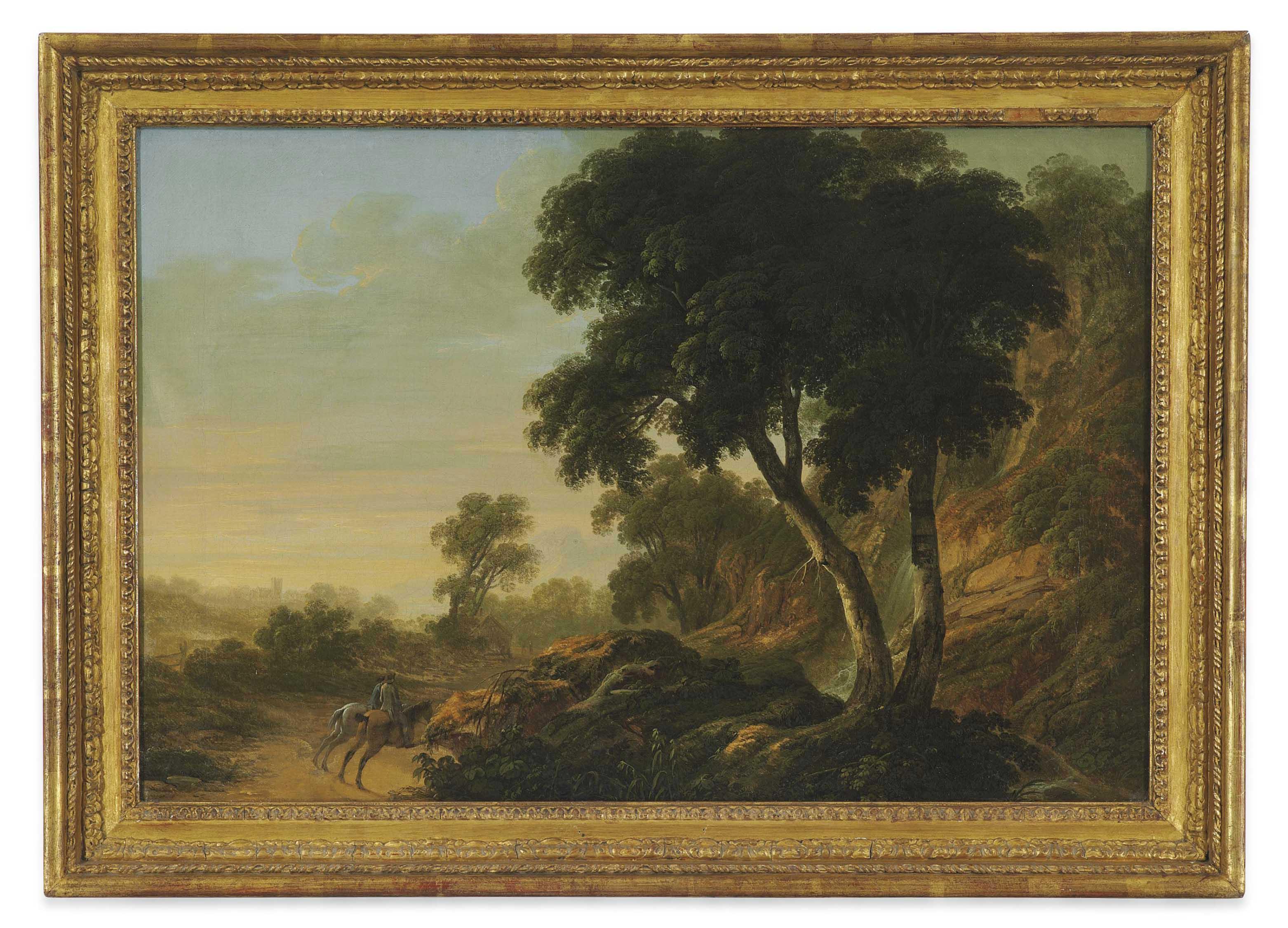 Thomas Roberts - A wooded landscape with a waterfall possibly at Powerscourt and riders on a path in the foreground, a church in the distance