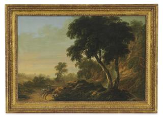 Thomas Roberts - A wooded landscape with a waterfall possibly at Powerscourt and riders on a path in the foreground, a church in the distance