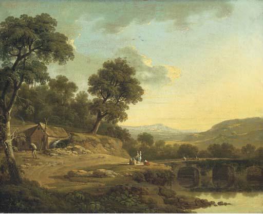 Thomas Roberts - A Wooded River Landscape With Travellers On A Bridge, Women Winnowing, And A Labourer By A Mill In The Foreground