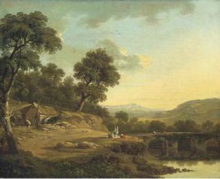 Thomas Roberts - A Wooded River Landscape With Travellers On A Bridge, Women Winnowing, And A Labourer By A Mill In The Foreground