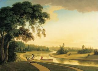 Thomas Roberts - The Sheet of Water at Carton Park, Co. Kildare, with the Duke and Duchess of Leinster out walking, and gardeners rolling a serpentine path in the foreground