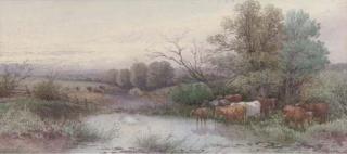 Thomas Rowden - Cattle watering at dusk (illustrated); and Sheep resting by a river