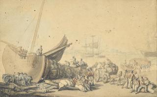 Thomas Rowlandson - A break from duties: Soldiers being entertained on the foreshore