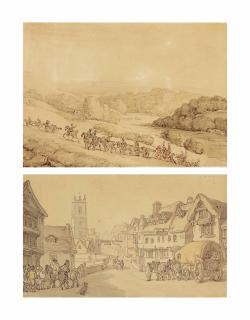 Thomas Rowlandson - A Cavalry Moving Artillery Through An Extensive River Landscape; And A Village Scene