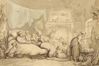 Thomas Rowlandson - A father in his bed surrounded by his wife and children