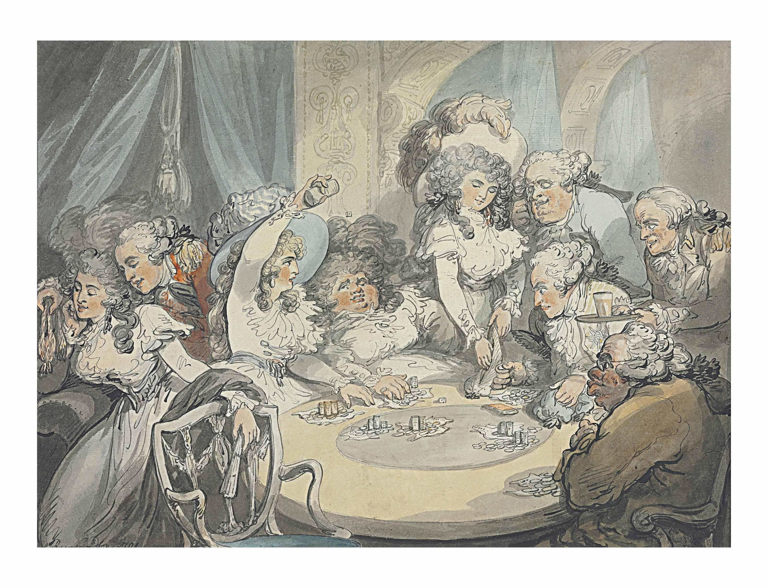 Thomas Rowlandson - A gaming table at Devonshire House, London: Georgiana, Duchess of Devonshire, Harriet, Lady Duncannon, the Prince of Wales and others gambling