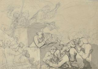 Thomas Rowlandson - A sermon on hellfire: the preacher displaying images of \'A DEVIL\' and \'A SAINT\', the subject traced through to the verso