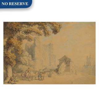 Thomas Rowlandson - A village street with a castle on the left