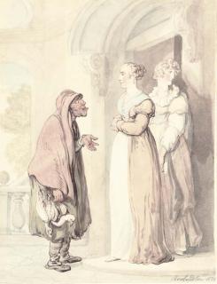 Thomas Rowlandson - An old woman with two girls at a doorway