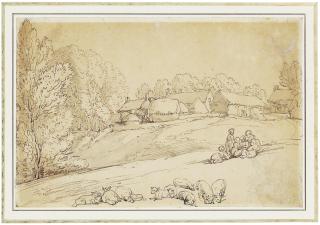 Thomas Rowlandson - Children near farm buildings, a flock of sheep in the foreground