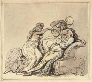 Thomas Rowlandson - Deux femmes agitant des éventails devant un homme assis sur un fauteuil