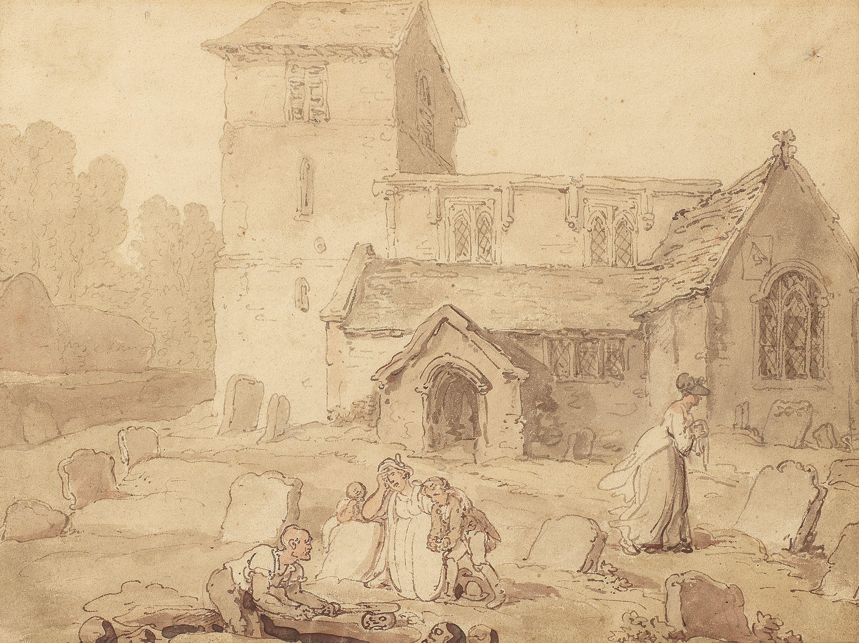 Thomas Rowlandson - Figures before Wadenhoe Church, Northamptonshire