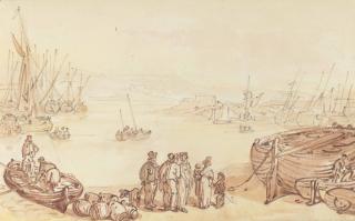 Thomas Rowlandson - Figures On The Shore With Beached Shipping At Low Tide; And Spare The Child