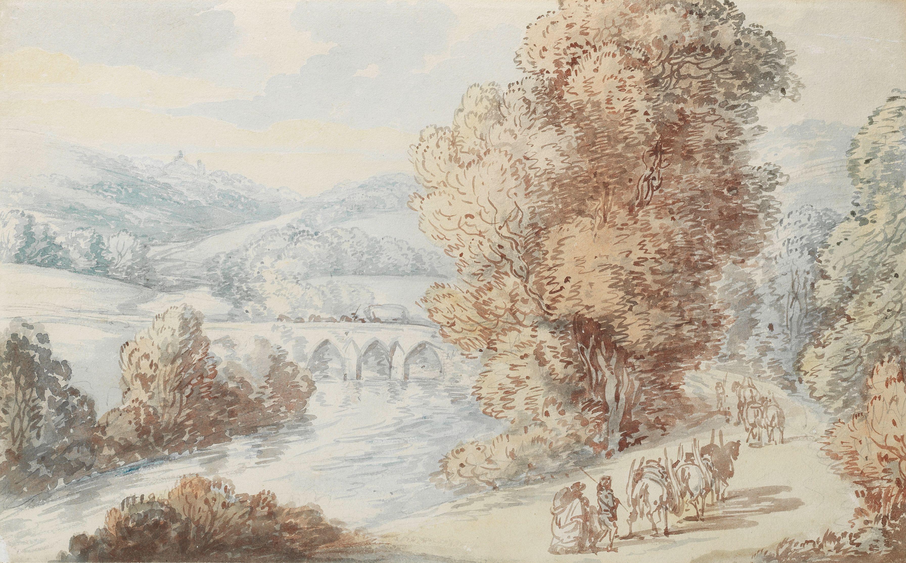 Thomas Rowlandson - Polson Bridge near Launceston with pack ponies on a road