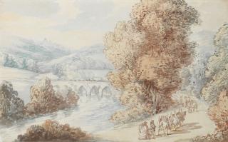 Thomas Rowlandson - Polson Bridge near Launceston with pack ponies on a road