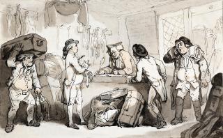 Thomas Rowlandson - The coach booking office, the artist and Henry Wigstead paying their fares