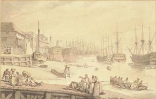 Thomas Rowlandson - The West India Docks, Blackwall, With Warships Lying On The Stocks