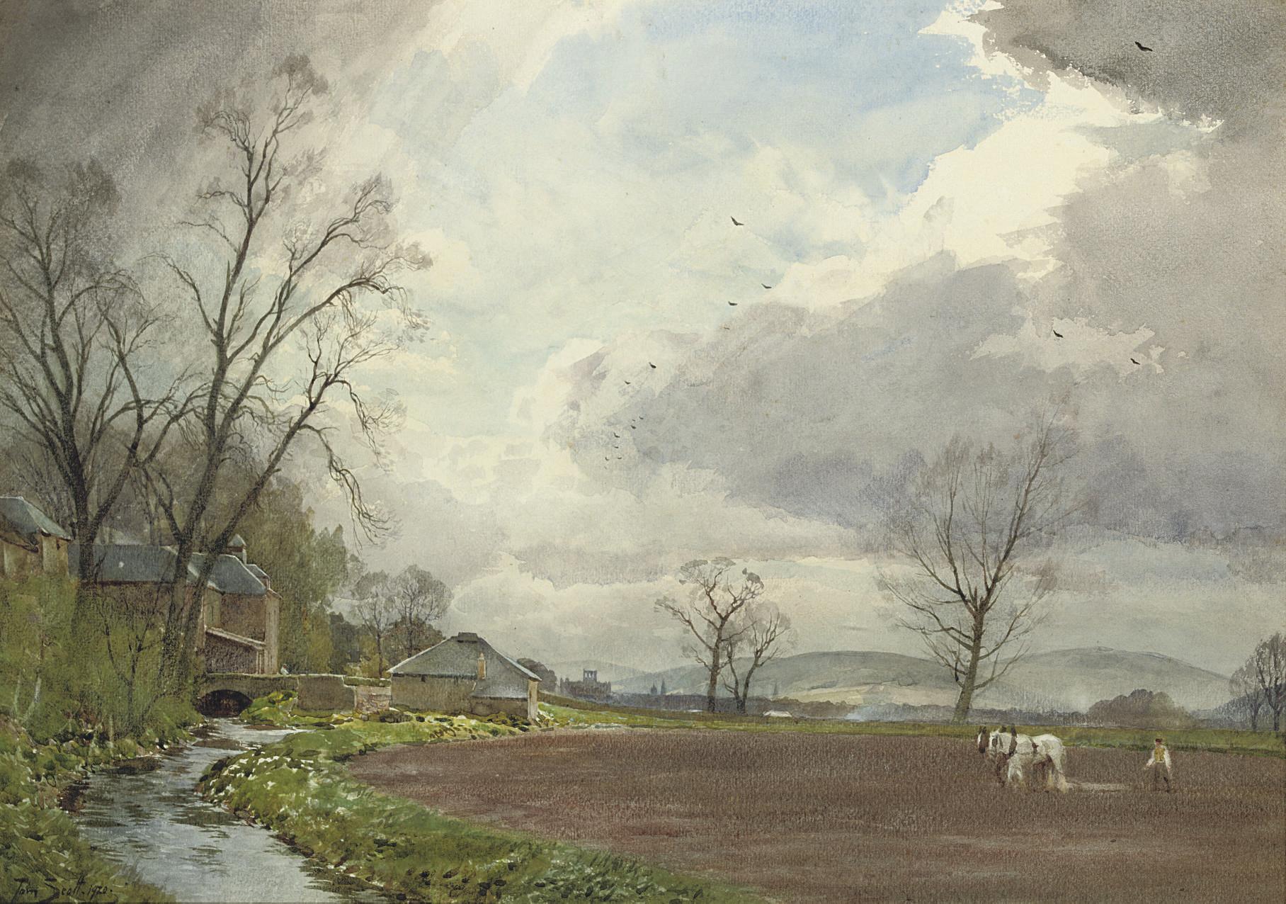 Thomas Scott, R.S.A., R.S.W. - Ploughing at Newstead Bridge, near Melrose, Roxburghshire