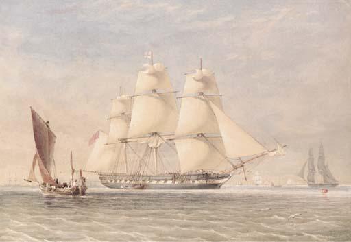 Thomas Sewell Robins - A Blackwall frigate getting underway in the downs