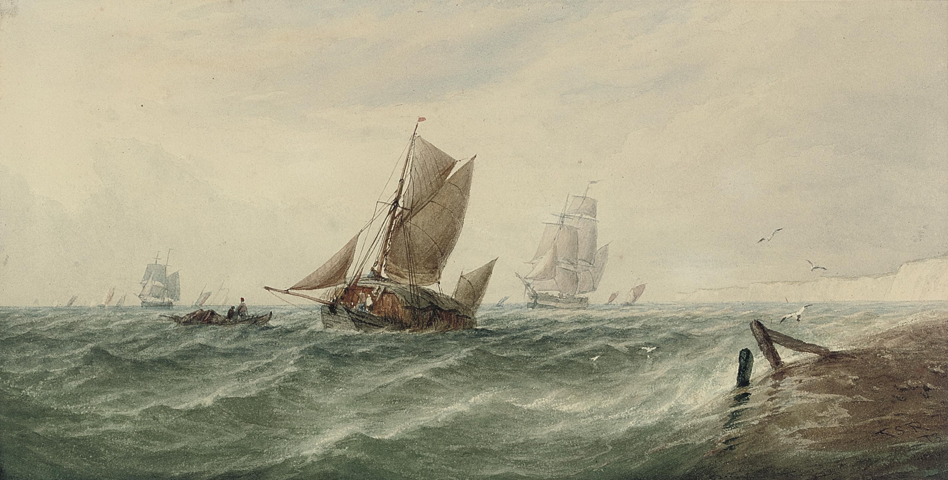 Thomas Sewell Robins - A loaded hay barge and other shipping in choppy waters off the White Cliffs of Dover