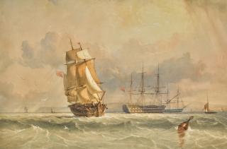 Thomas Sewell Robins - A Merchant Brig Running Past Warships In An Anchorage