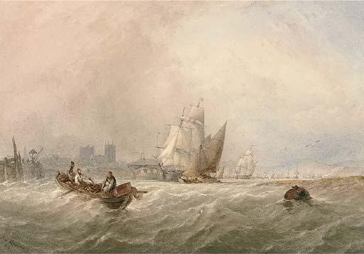 Thomas Sewell Robins - Fishermen Hauling In Their Nets On The Medway Amidst Other Shipping, Rochester Cathedral Beyond