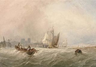 Thomas Sewell Robins - Fishermen Hauling In Their Nets On The Medway Amidst Other Shipping, Rochester Cathedral Beyond