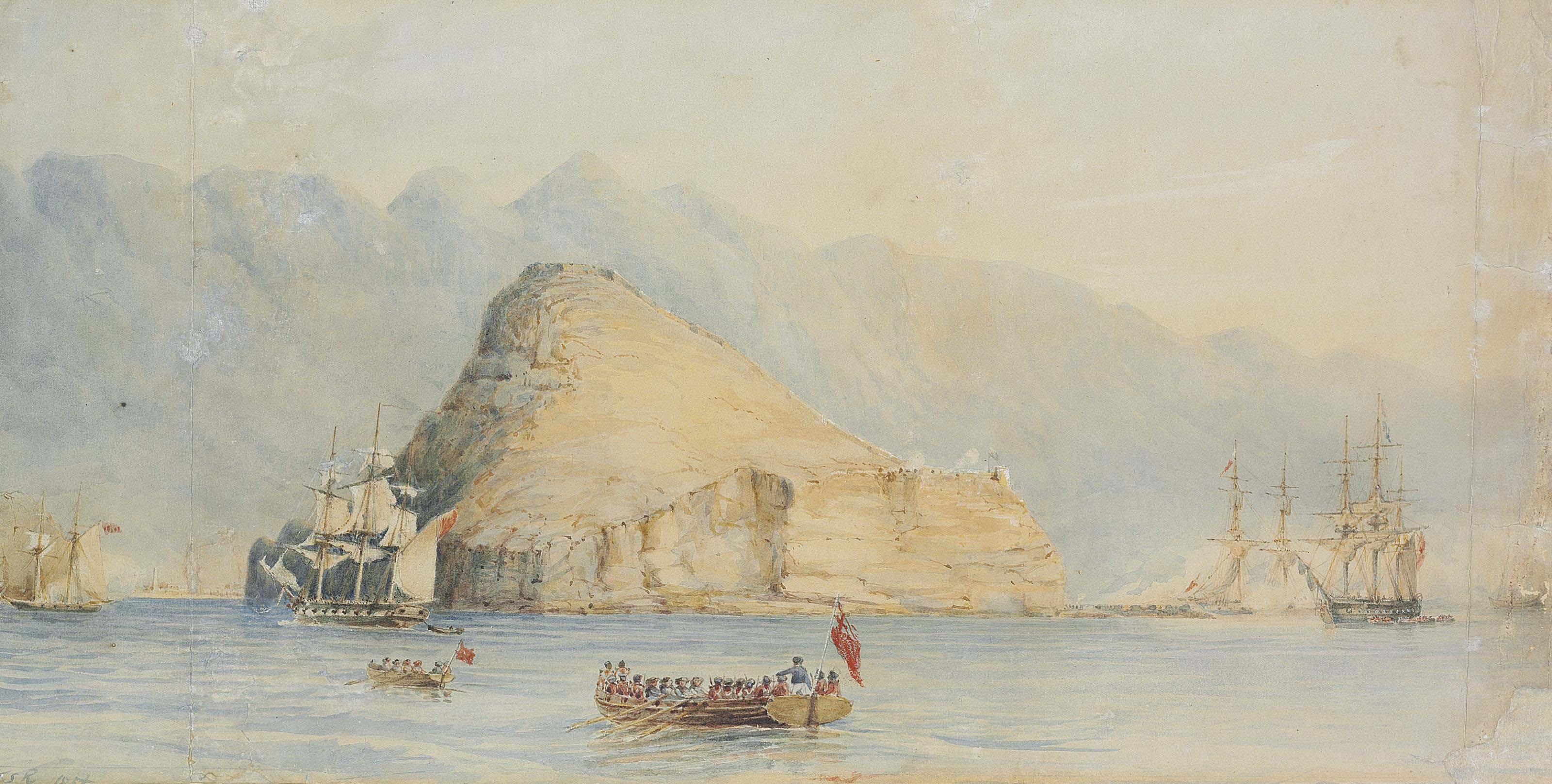 Thomas Sewell Robins - Ships of war manoeuvring for the attack on Aden, 17 January 1839; and Preparing for the attack on Aden, 18 January 1839
