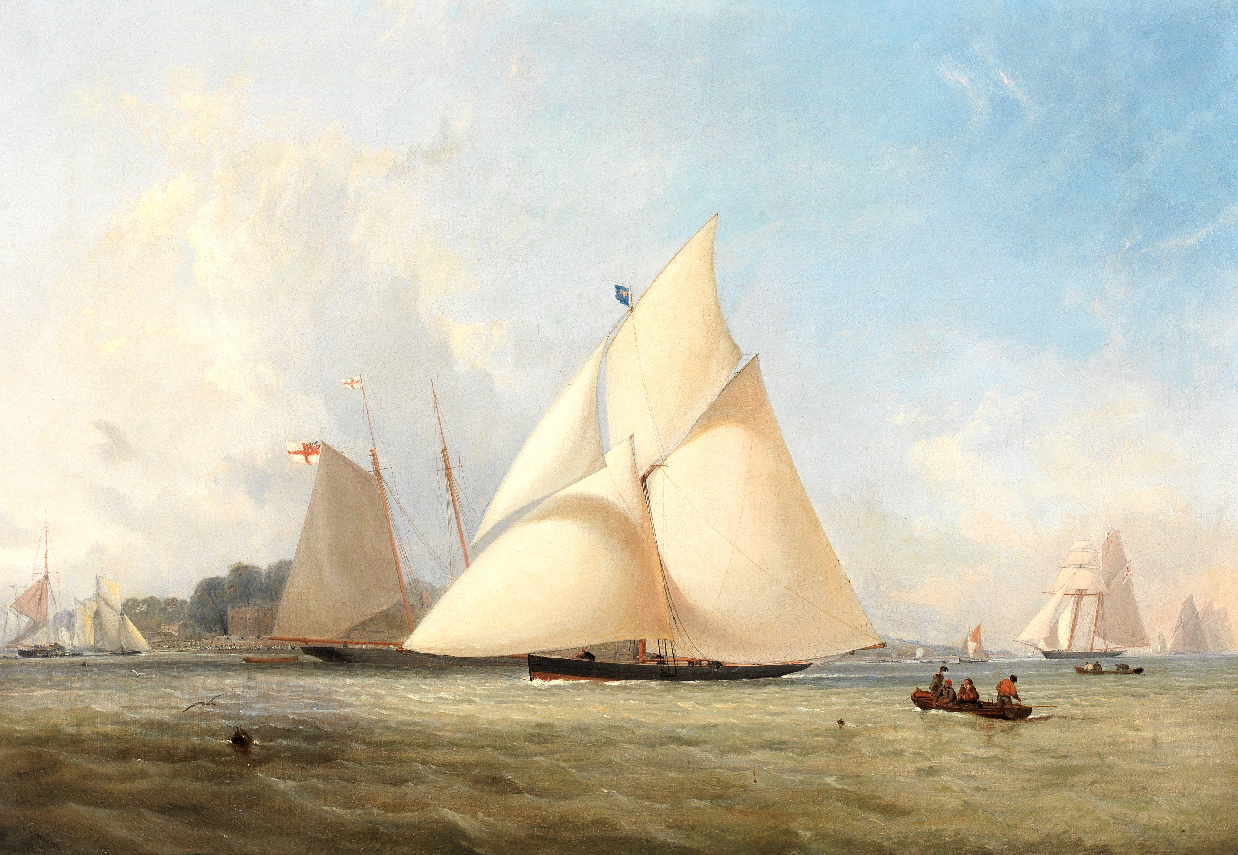 Thomas Sewell Robins - Studies of the cutter yacht Cygnet, one showing her beating Vision at the Southampton Regatta in 1848; the other with Cygnet winning the Queen\'s Cup at Cowes in 1849, a pair each 54 x 76.8cm (21 1/4 x 30 1/4in). (2)