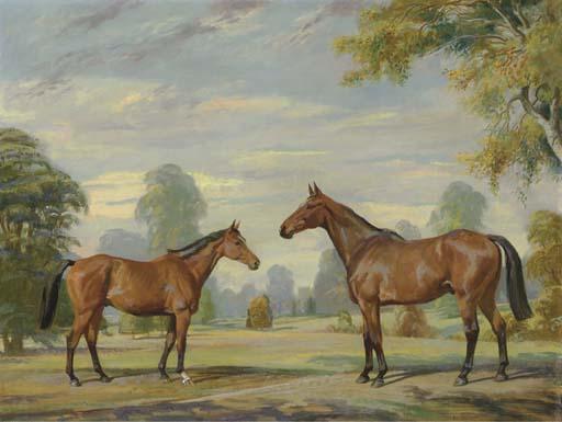 Thomas Sherwood la Fontaine - Two Bay Horses in a Landscape