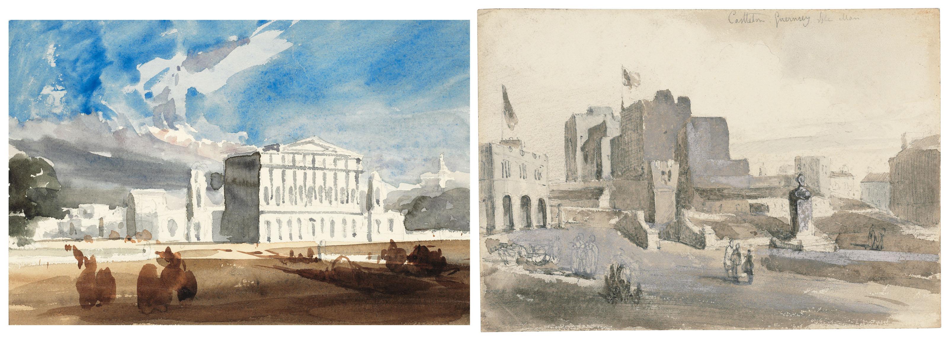 Thomas Shotter Boys, N.W.S. - Castletown, Isle of Man; and an unidentified pedimented English mansion, probably Chester Terrace, Regent’s Park, under construction
