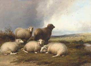 Thomas Sidney Cooper, R.A., R.I. - Sheep Grazing In A Landscape, With Rain Approaching