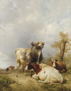 Thomas Sidney Cooper, R.A. - A Bull and Cows in a Landscape