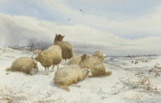 Thomas Sidney Cooper, R.A. - A flock of sheep in snow-covered fields