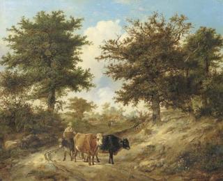 Thomas Sidney Cooper, R.A. - A lane scene, with a peasant driving cattle