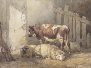 Thomas Sidney Cooper, R.A. - Sheep and a bullock in a barn