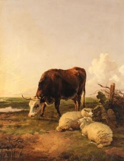 Thomas Sidney Cooper, RA - A cow and two sheep in a meadow