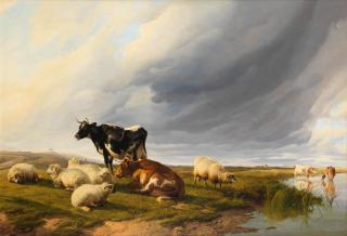 Thomas Sidney Cooper, RA - Cattle and sheep in a watermeadow