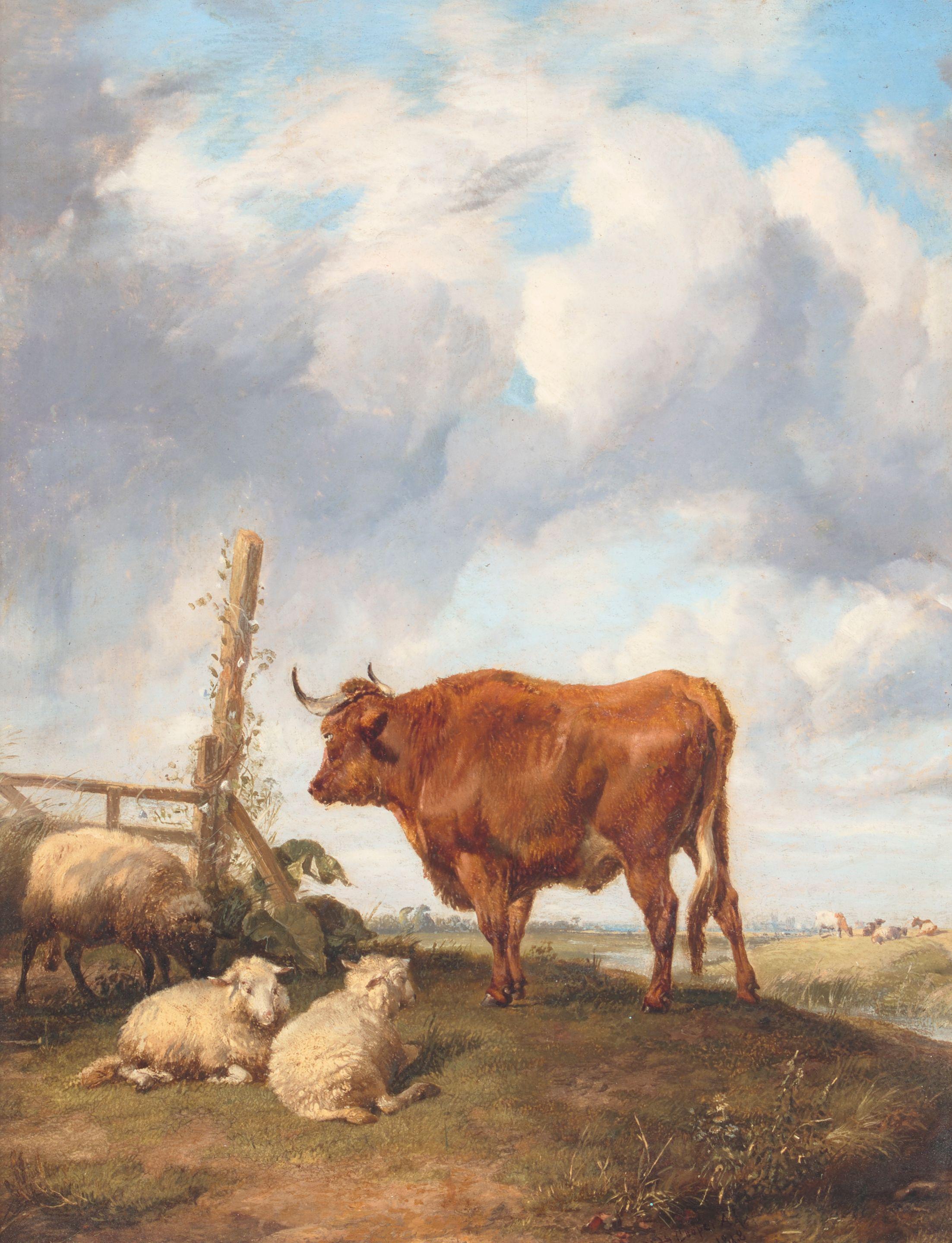 Thomas Sidney Cooper, RA - Cattle and three sheep on a hill