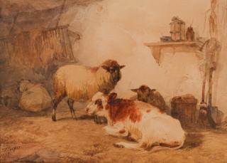 Thomas Sidney Cooper, RA - Sheep and a calf in a stable