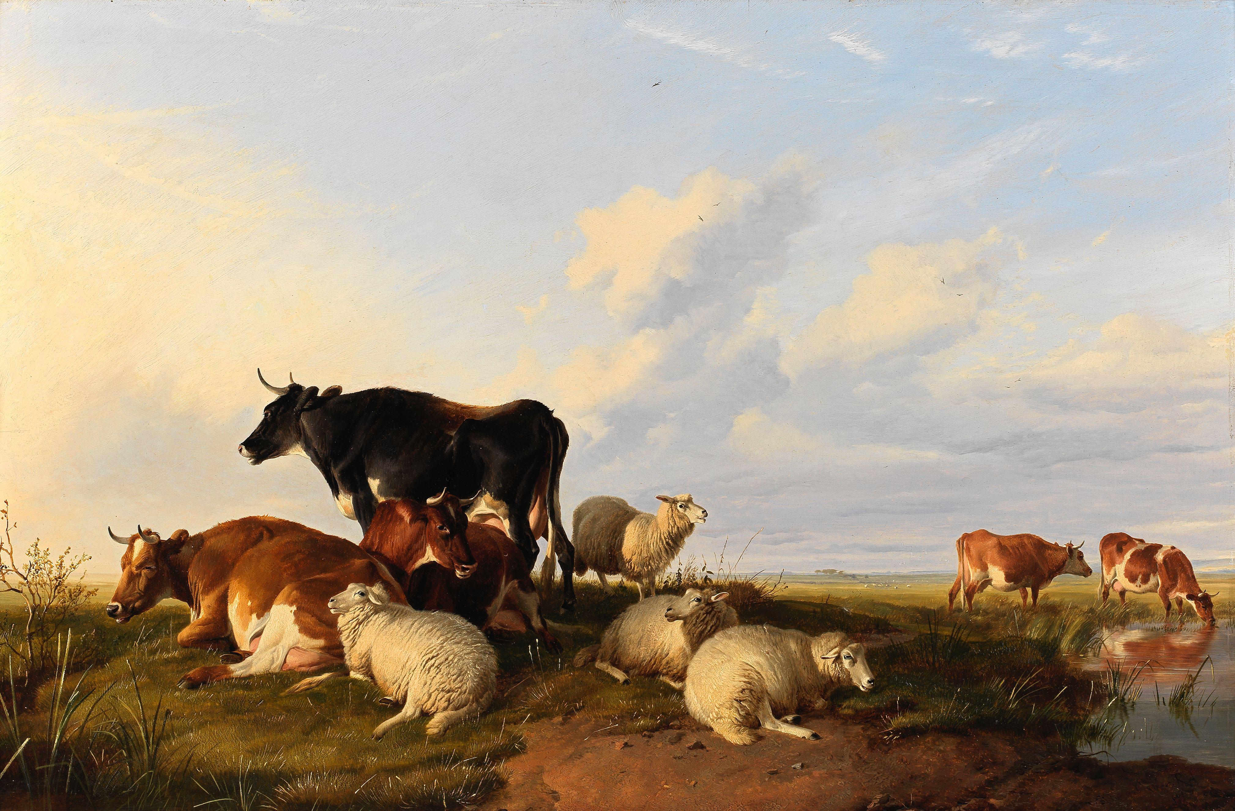Thomas Sidney Cooper, RA - Sheep and cattle resting by the riverbank