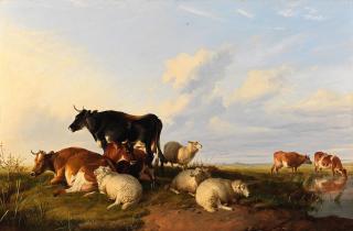 Thomas Sidney Cooper, RA - Sheep and cattle resting by the riverbank