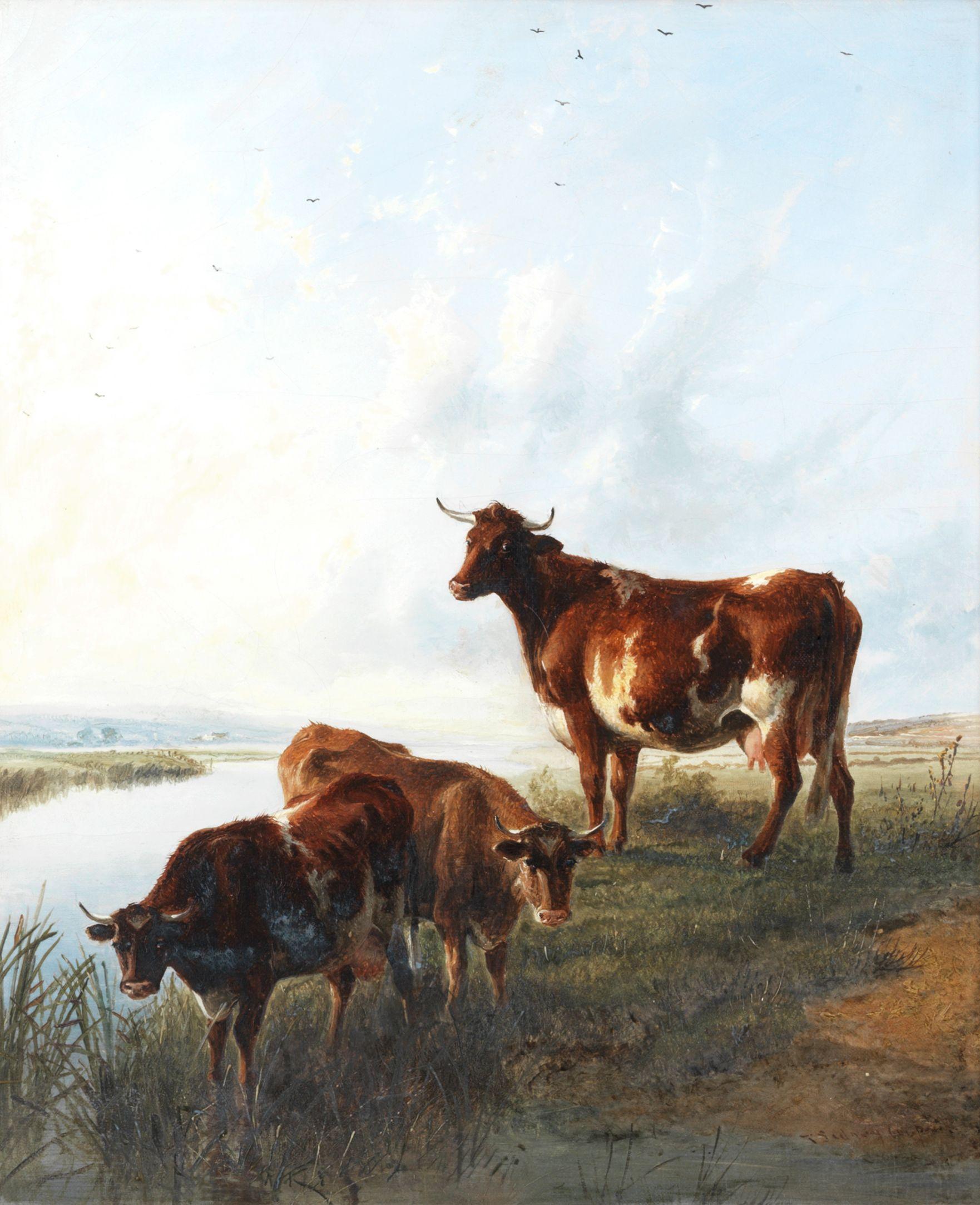 Thomas Sidney Cooper, RA - Three cows on a river meadows