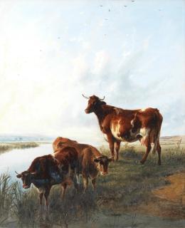 Thomas Sidney Cooper, RA - Three cows on a river meadows