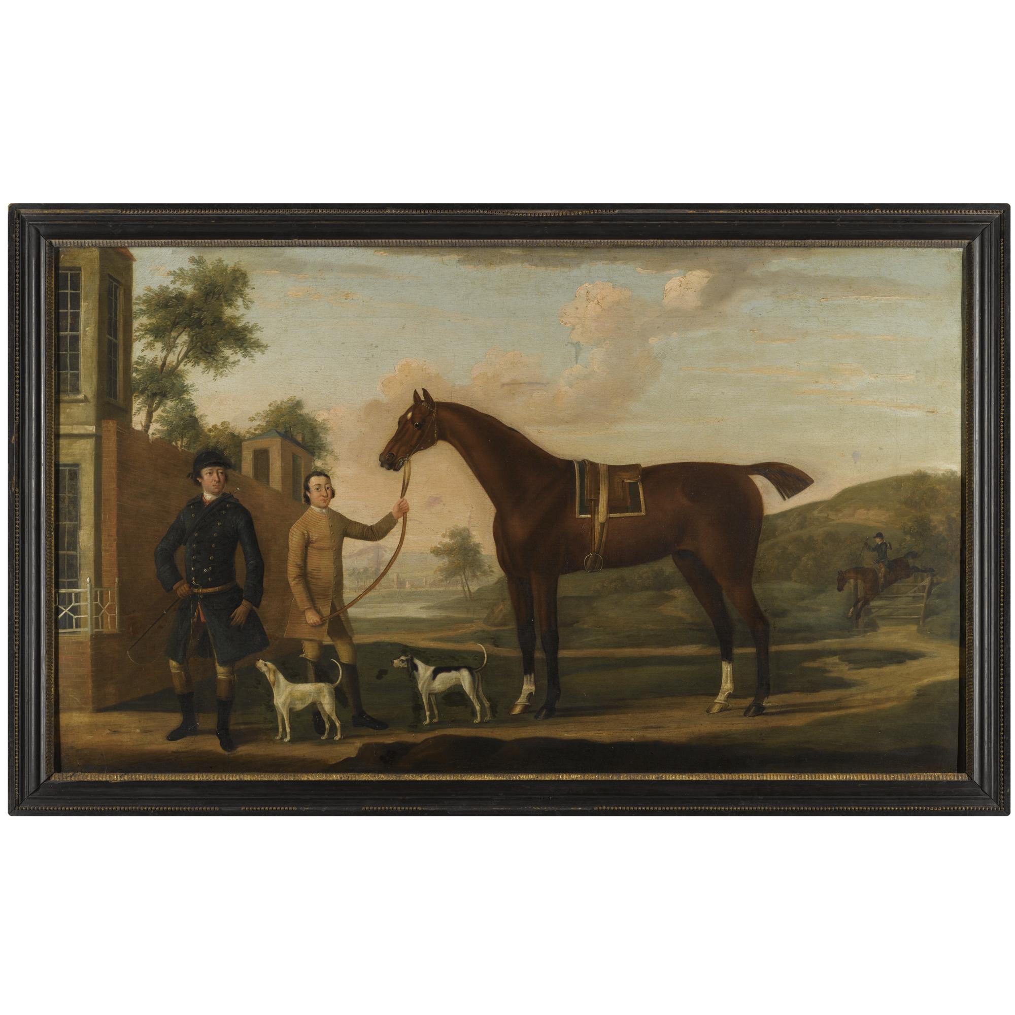 Thomas Spencer - A Huntsman With His Bay Hunter, Held By A Groom, With Two Hounds Outside A Country House