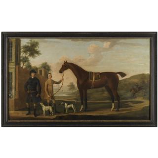 Thomas Spencer - A Huntsman With His Bay Hunter, Held By A Groom, With Two Hounds Outside A Country House