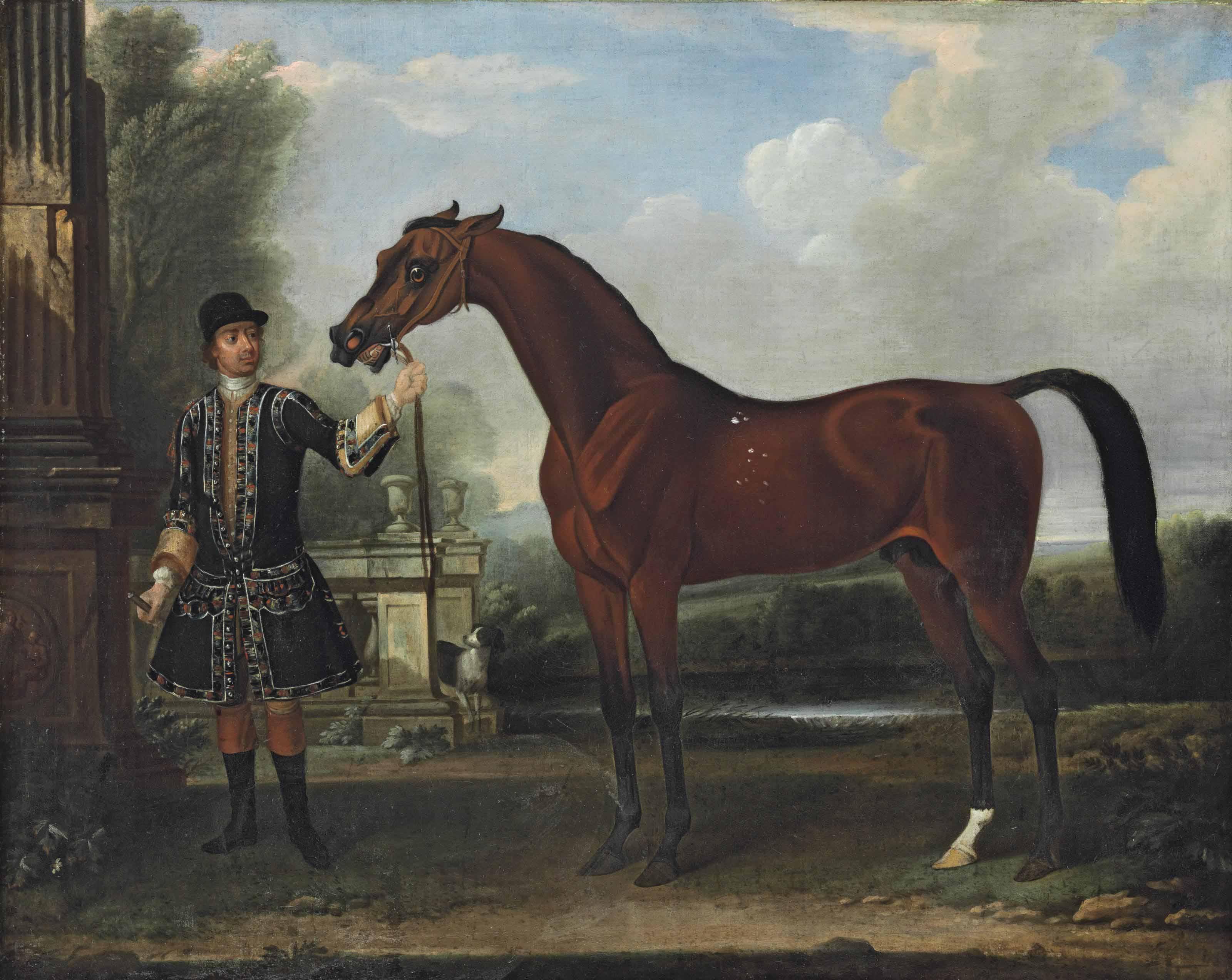 Thomas Spencer - \'Bay Bolton\', held by a groom, in a parkland setting